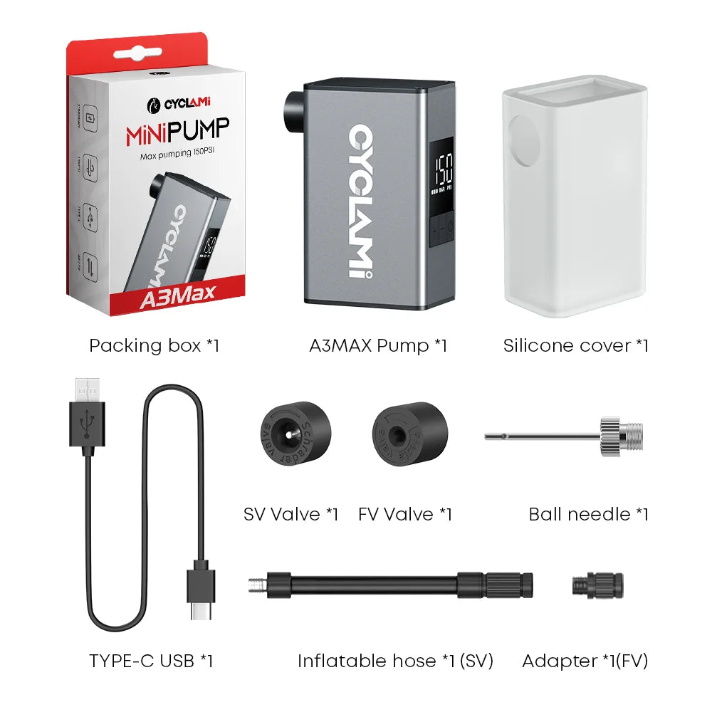 CYCLAMI 150 PSI Portable Electric Bike Air Pump | Real-Time Data Display | Rechargeable Auto Tire Inflator for Bicycle & Car