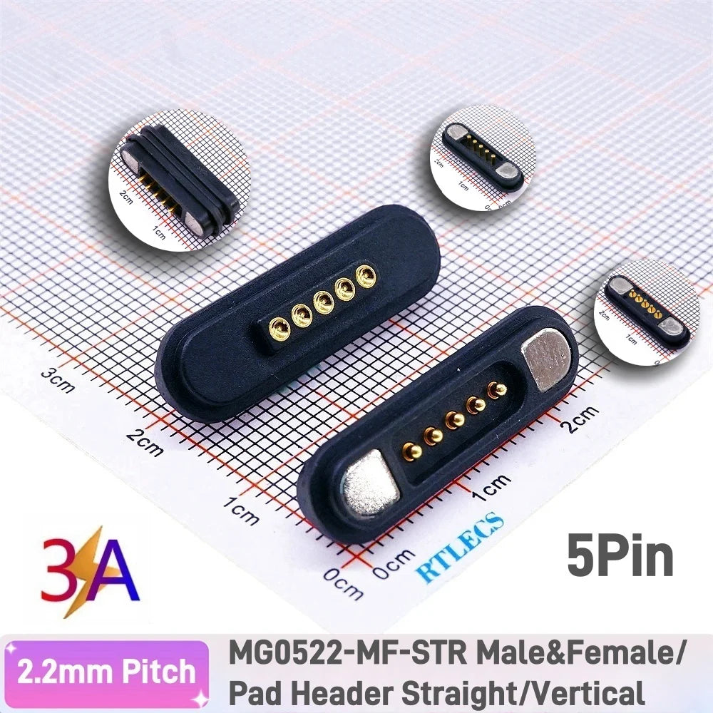 3A Magnetic Pogo Pin Connector - 2–11 Pin Spring-Loaded Male/Female Contact Strip, 2.2mm Pitch