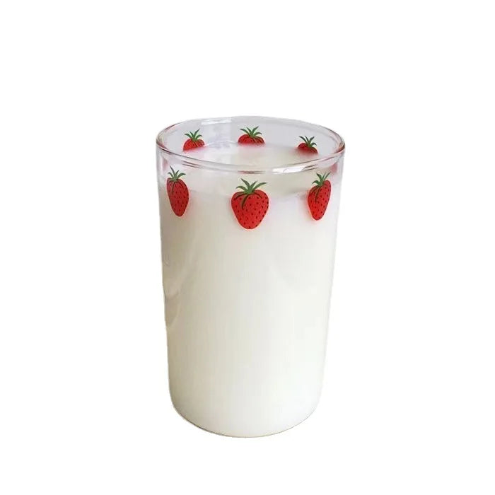 16oz Glass Juice Cup with Straw – Berry Pattern Reusable Coffee & Milk Cup, Easy Clean Drinkware for Hot & Cold Beverages (1/2PCS)