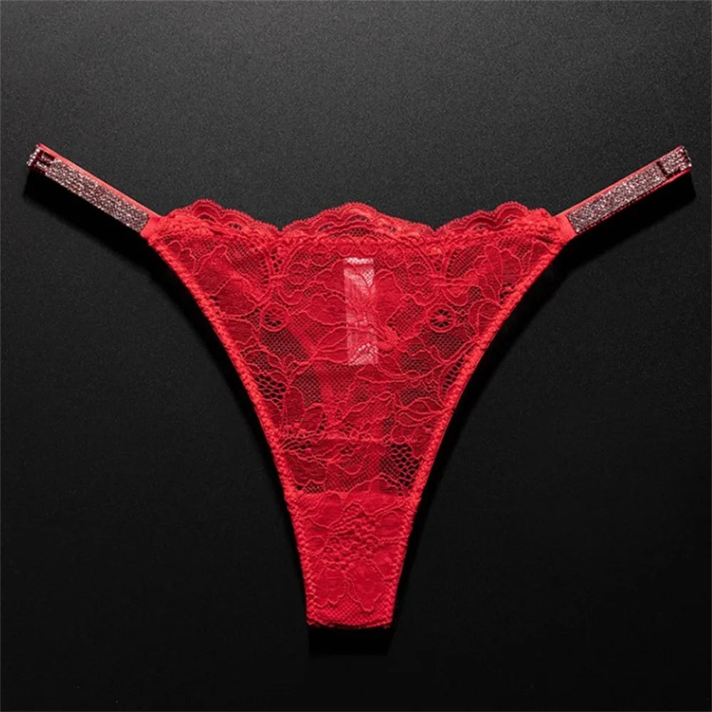 Women's Crystal Lace Thong - Sheer Transparent Breathable T-Back Lingerie Plus Size S-XL