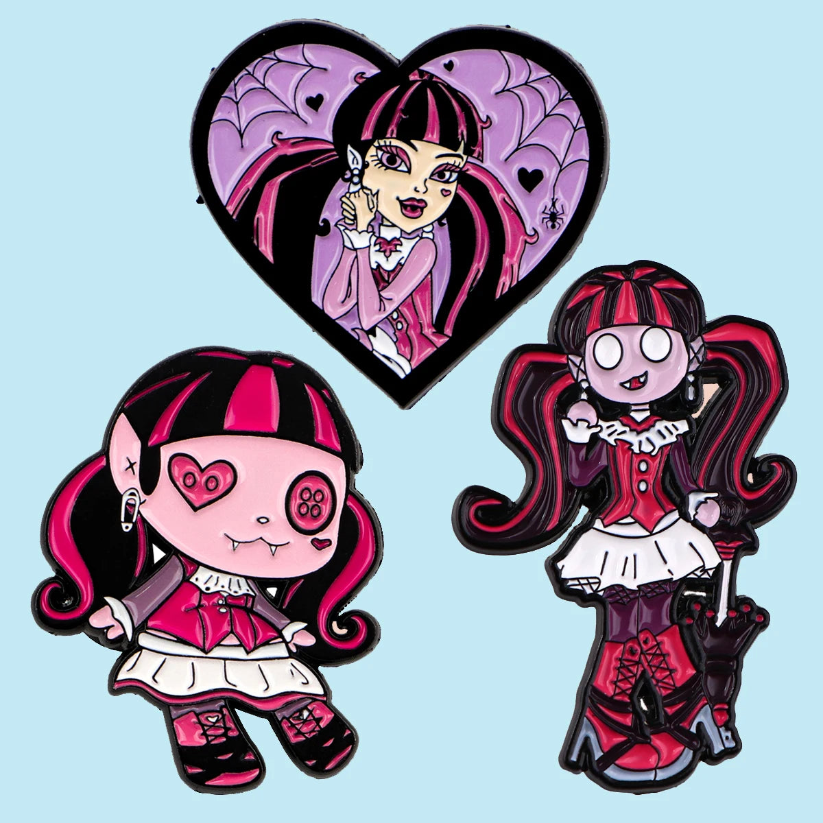 3-Piece Manga Girl Enamel Pin Set - Pink and Purple Metal Brooches for Backpacks, Collars, Lapels, and Collectors’ Gifts