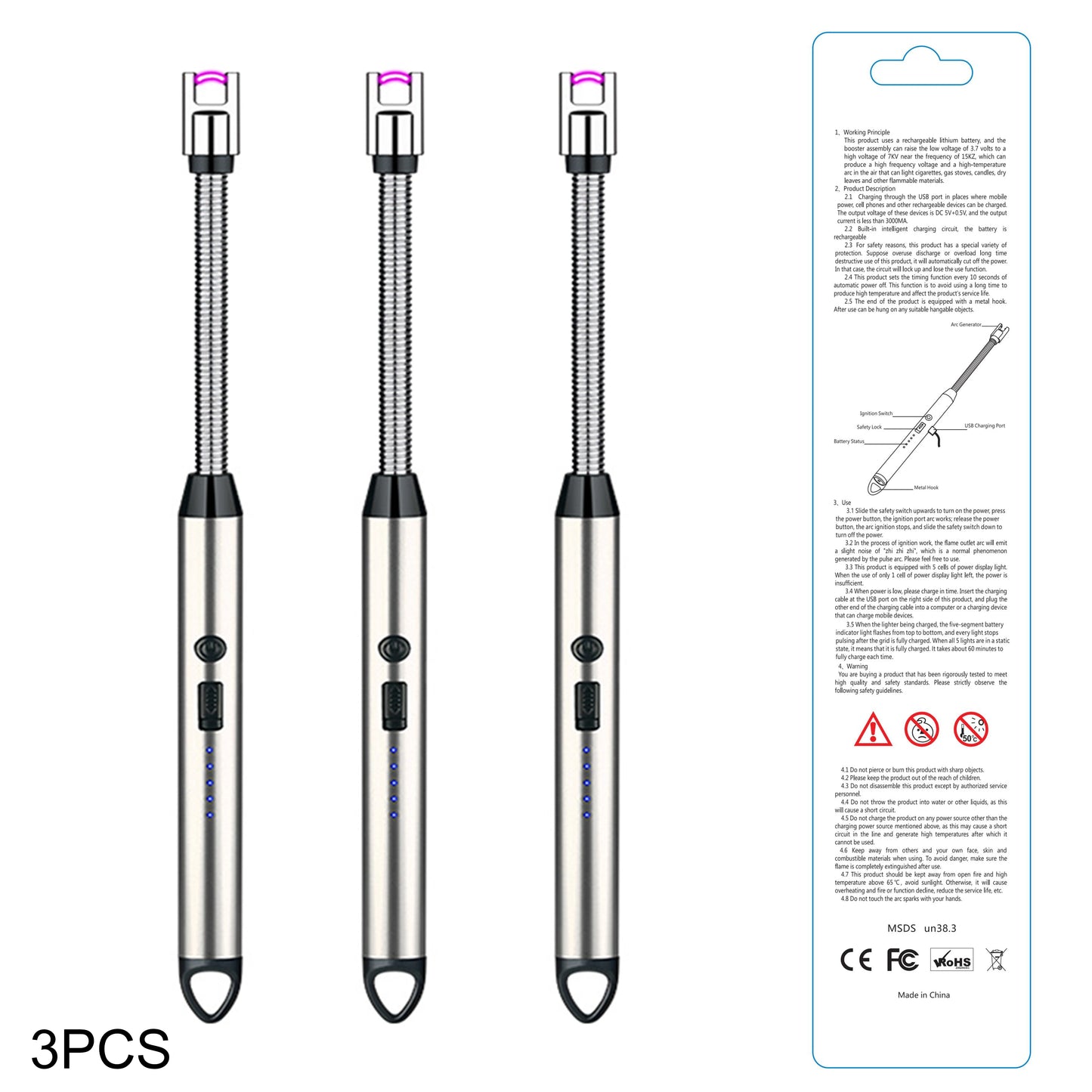 3PCS Rechargeable Electric Plasma Arc Lighters — Type-C Windproof Lighter for Kitchen, Candle, and BBQ Grill