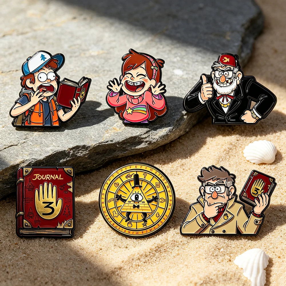 6-Piece Gravity Falls Enamel Pin Set - Cartoon Character and Bill Cipher Brooches for Backpacks, Clothing, Journals, and Collectors’ Gifts