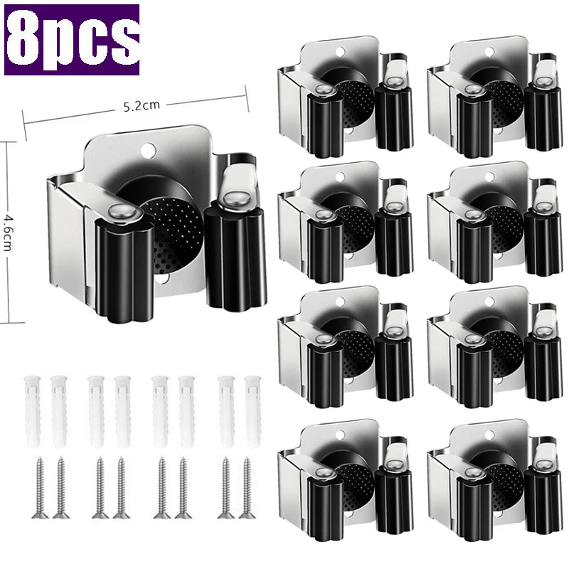 Stainless Steel Mop Clip Holder β Wall-Mounted Broom & Brush Hanger Rack for Kitchen & Bathroom Organization