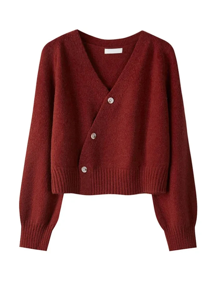 Korean Women's Autumn Winter Knitted Cardigan β Diagonal V-Neck Long Sleeve Single-Breasted Sweater