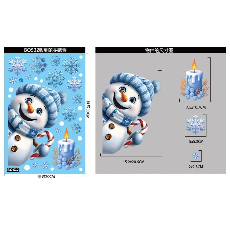 Christmas Blue Snowman Window Stickers – Santa, Snowflake, Bird & Elk Ornaments for Merry Christmas 2025 and Happy New Year 2026
