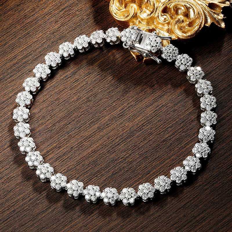 KNOBSPIN D VVS1 Moissanite Tennis Bracelet – Full Diamond, GRA Certified, 925 Sterling Silver White Gold Flower Bracelet for Men & Women