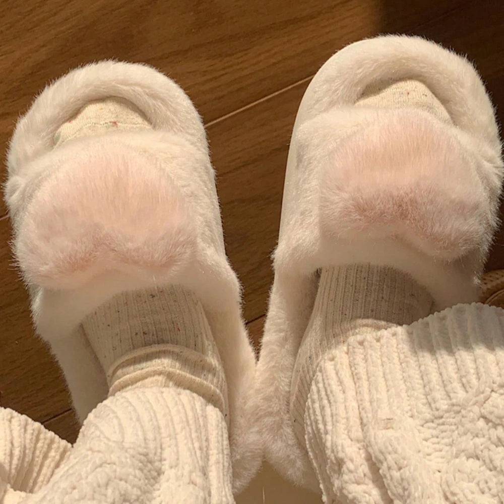 3D Love Single Band Women’s Winter Slippers – Soft Heel Platform, Warm & Fluffy Indoor Home Shoes