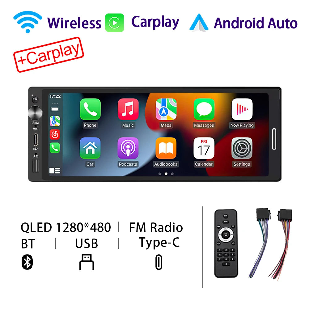 Universal 1DIN 6.9" Wireless CarPlay Android Auto – MP5 Multimedia Car Radio Stereo with TYPE-C Fast Charging