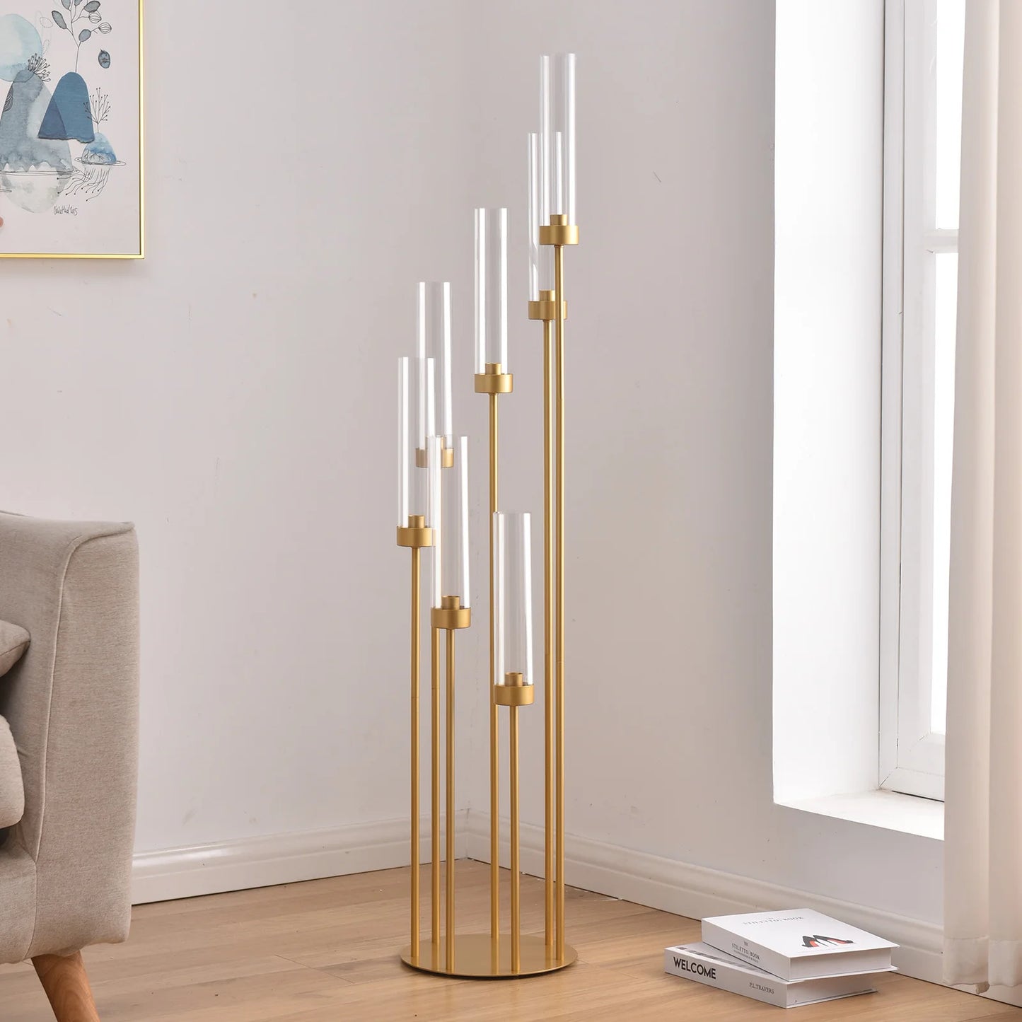 4 Sets 7-Arm Floor Candelabra – 48" Gold Metal Candlestick Holders with Removable Acrylic Lampshades, Wedding Centerpiece Decor