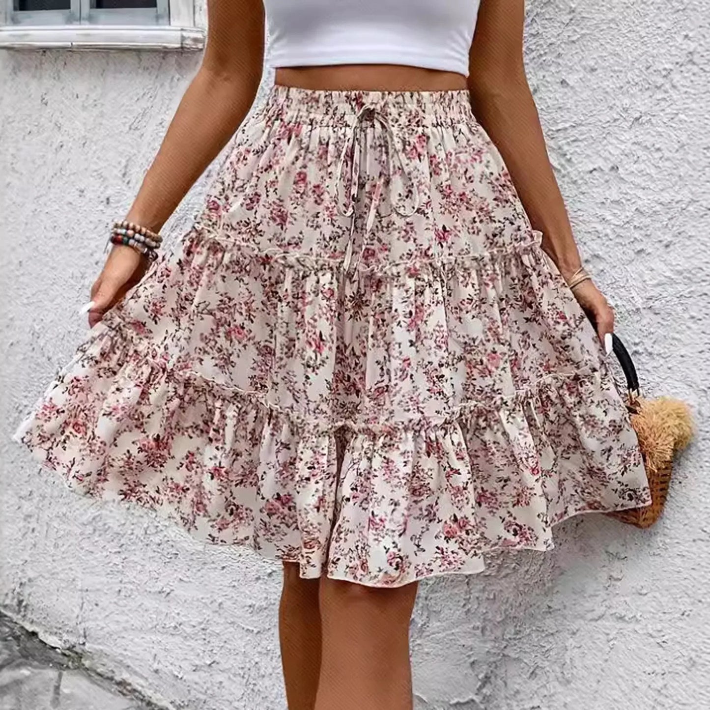 Women’s Floral Spliced Cake Skirt – Knee-Length Casual Skirt with Elastic Waist Strap, Comfortable Versatile Fashionable Design