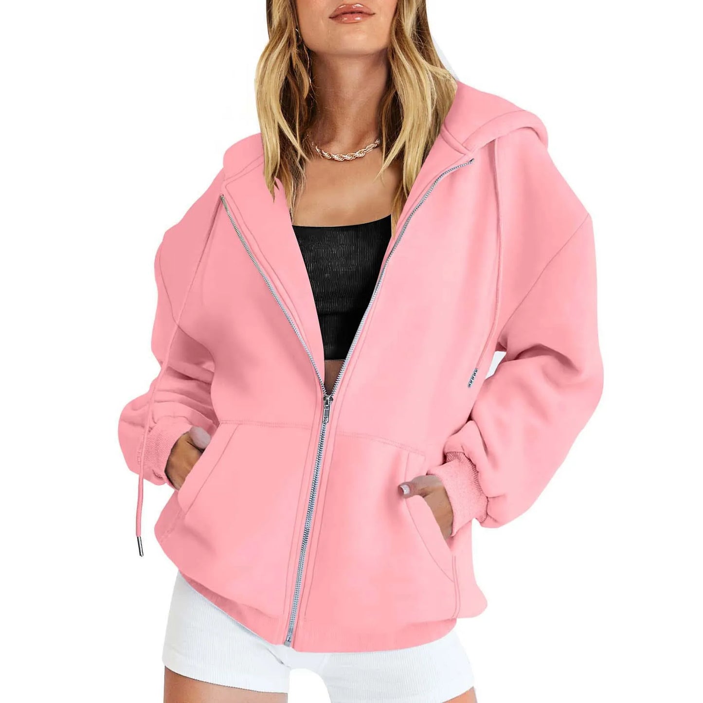 Women’s Gray Zip-Up Hoodie Sweatshirt – Autumn Winter Long Sleeve Jacket with Pockets
