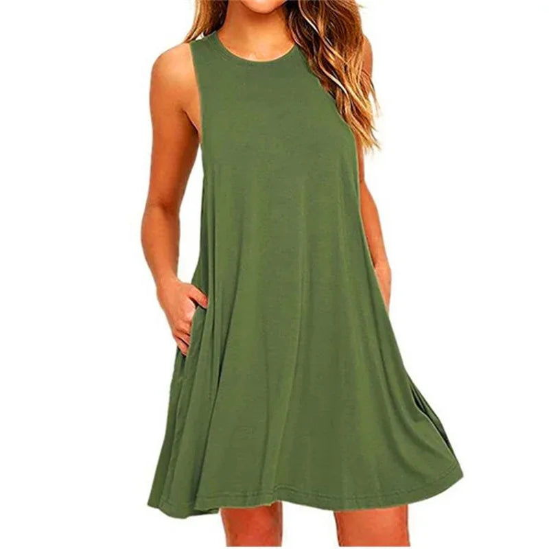 Women's Summer Casual T-Shirt Dress - Sleeveless Pleated Beach Cover-Up with Pockets