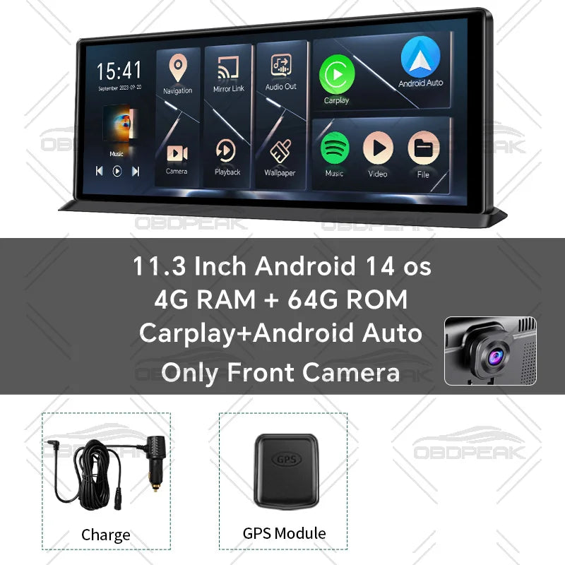 K60 Pro 11.3" Dash Cam — Android 14 AI Screen with 4G+64G, WiFi, GPS, CarPlay & Android Auto Rearview Mirror Recorder