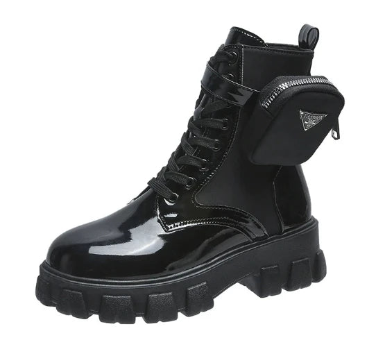 Women's Leather Oxford Motorcycle Boots – Lace-Up Platform Wedge Shoes in White, Black, and Rinse