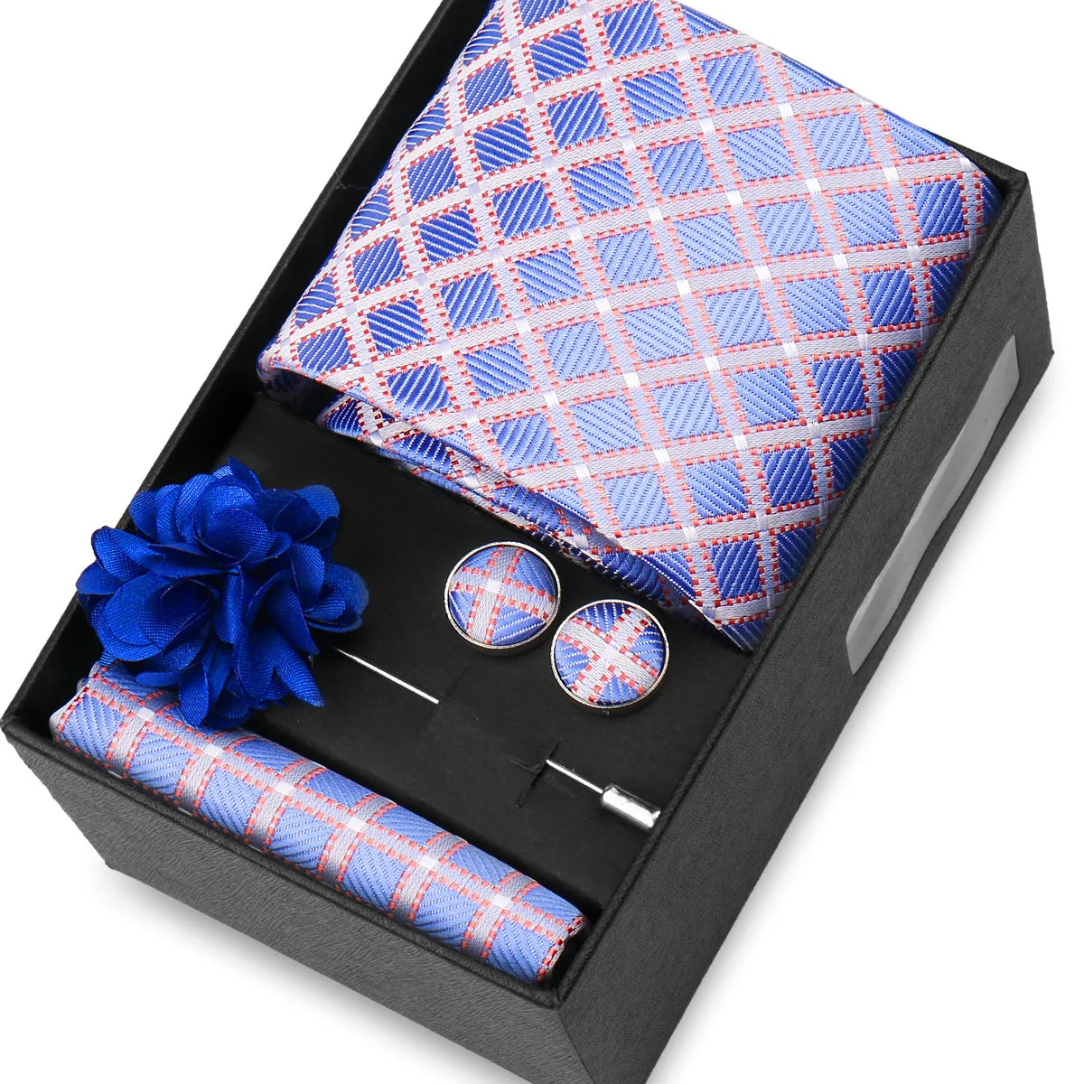 Elegant Men’s Necktie Gift Set - Fashion Tie with Handkerchief, Cufflinks & Brooch Pin Accessories for Business & Wedding