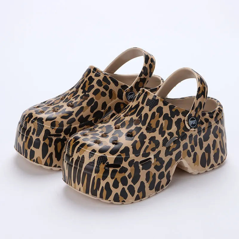 Women’s Leopard Print Platform Clogs - Closed-Toe Chunky Heel Sandals for Summer, Beach, and Streetwear Fashion