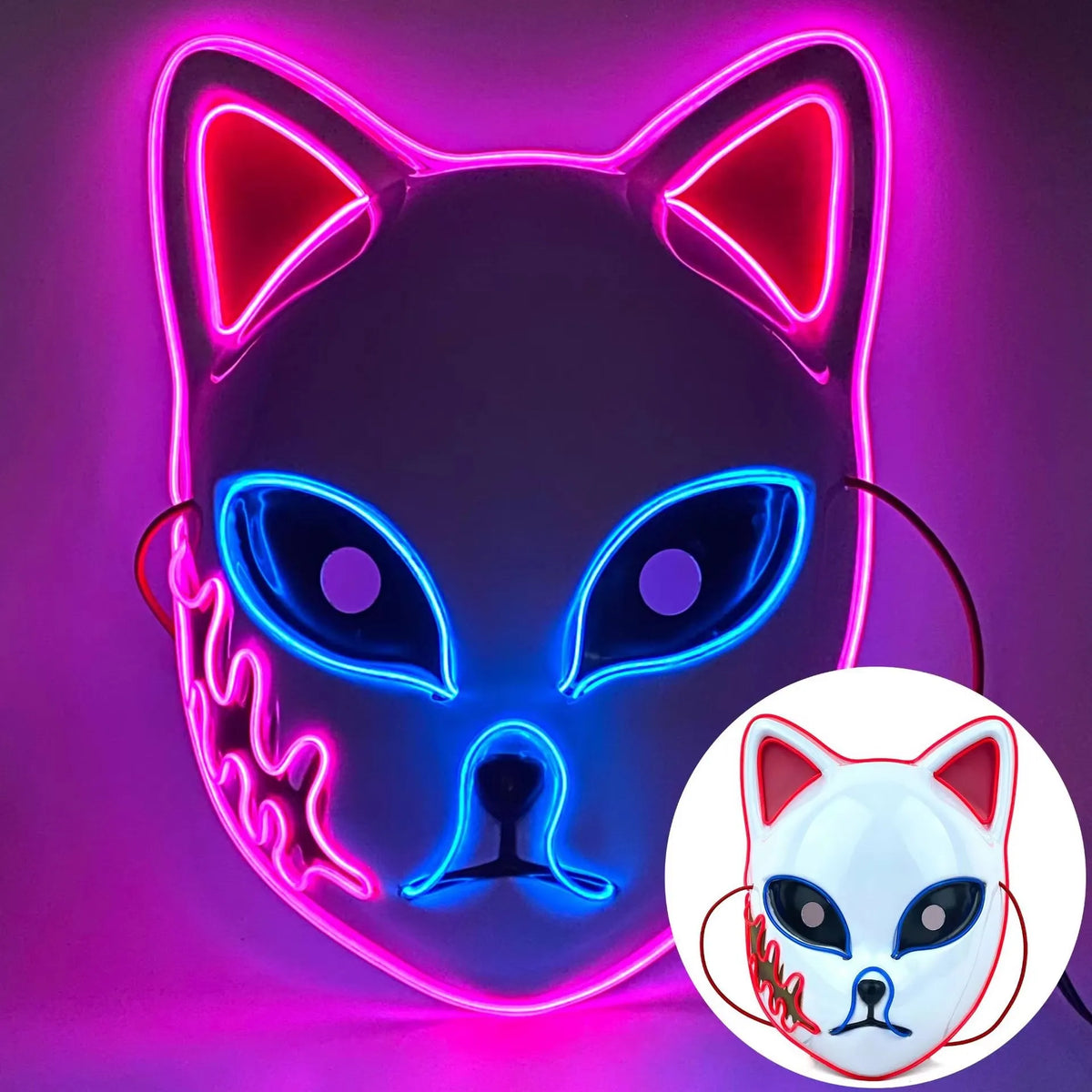 Demon Slayer LED Light-Up Mask – Glowing Anime Cat & Fox Face Cosplay Mask for Halloween, Parties & Costumes
