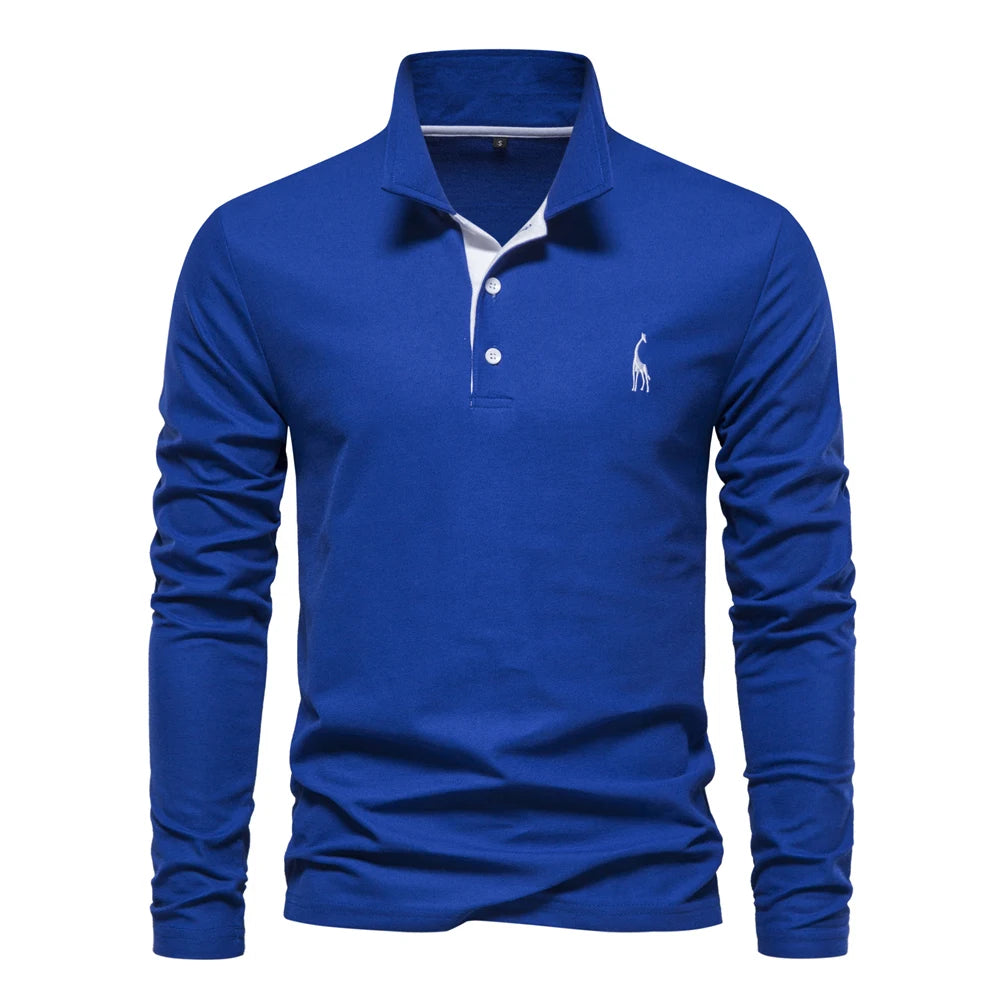 Men's Long Sleeve Embroidered Polo Shirt - Business Casual Solid Color Deer Design