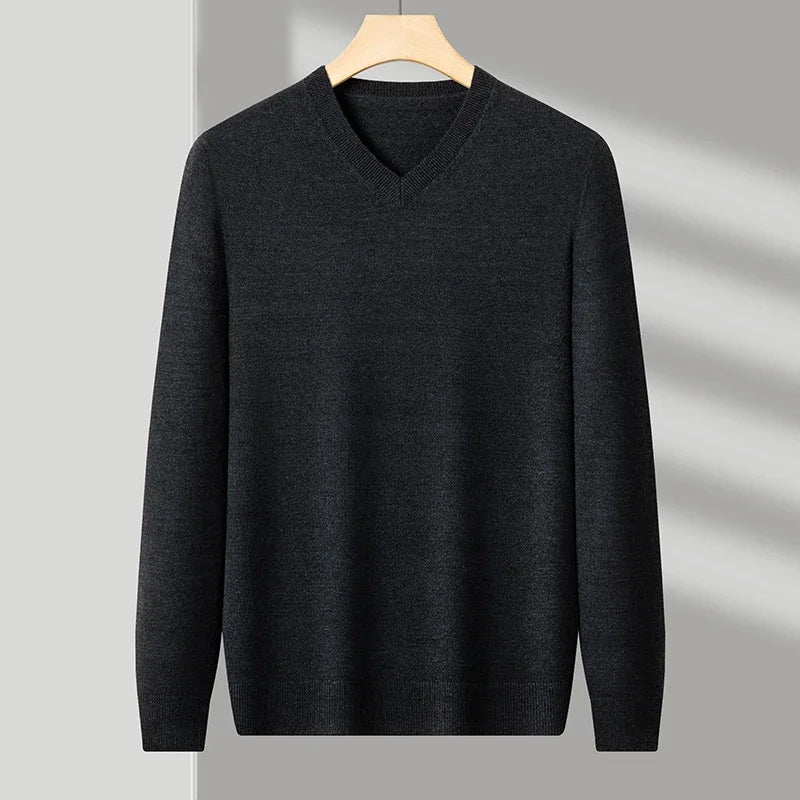 Men's V-Neck Knit Sweater - Solid Color Warm Elastic Oversized Autumn Pullover Casual Top
