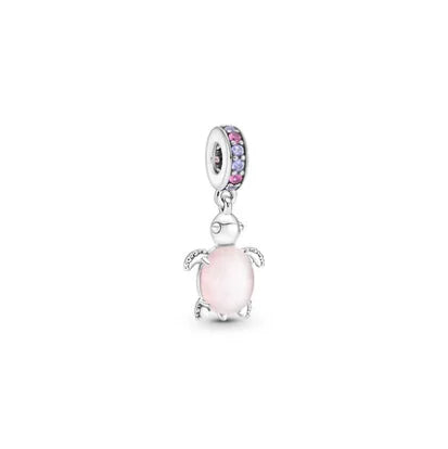 925 Silver Plated Murano Glass Sea Turtle Dangle Charm - Colorful Pink & Blue Jewelry for Women's Bracelet