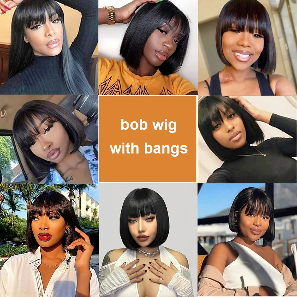 3-in-1 Middle Part Bob Lace Wig — Straight Short Human Hair with Bangs, Machine Made for Women