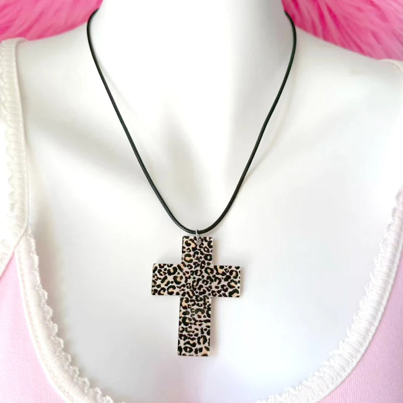 Y2K Leopard Zebra Cross Necklace - Kawaii Goth Punk Acrylic Jewelry for Women