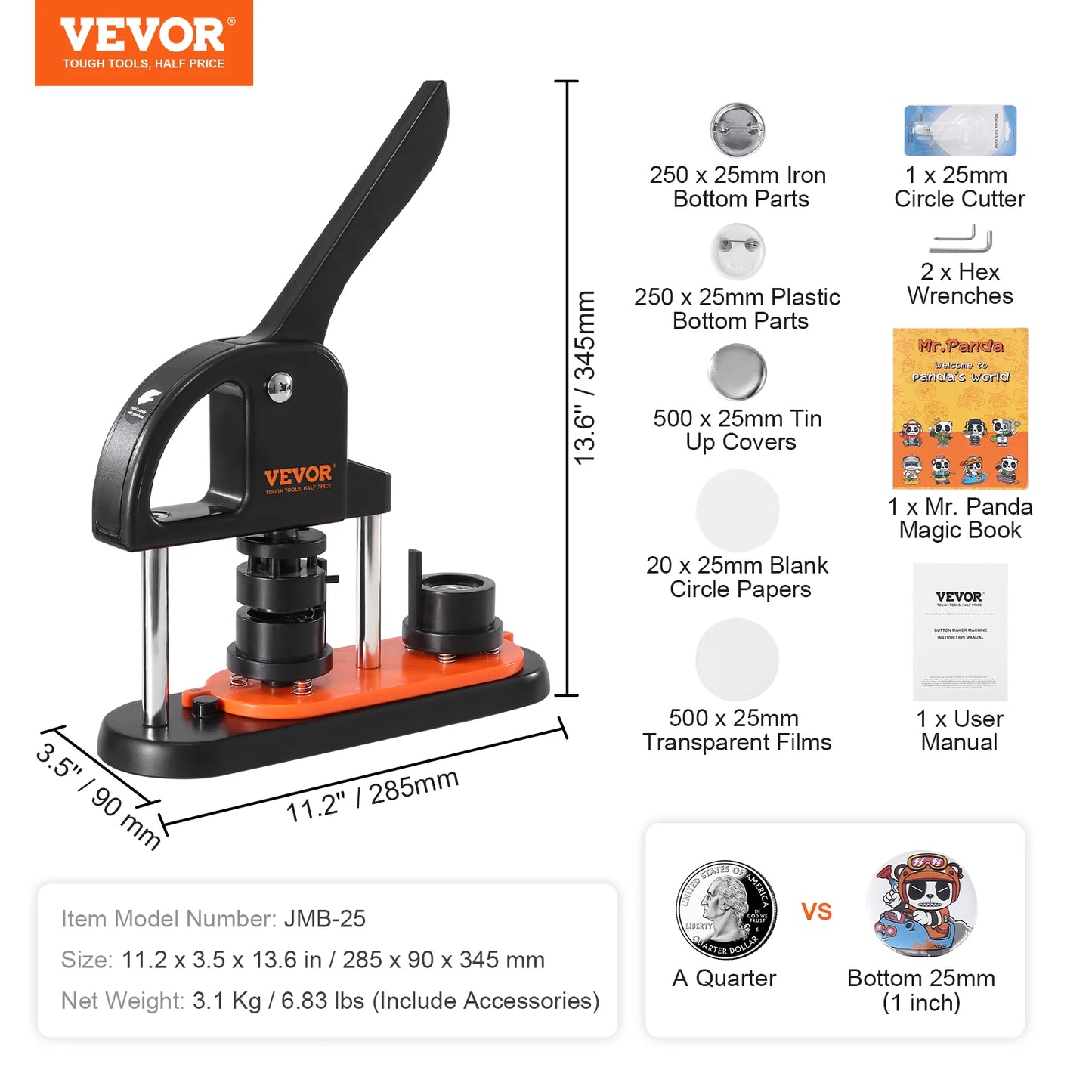 VEVOR Button Maker Machine — 25/32/58mm Pin Maker with Parts, Ergonomic Arc Handle Punch Press Kit