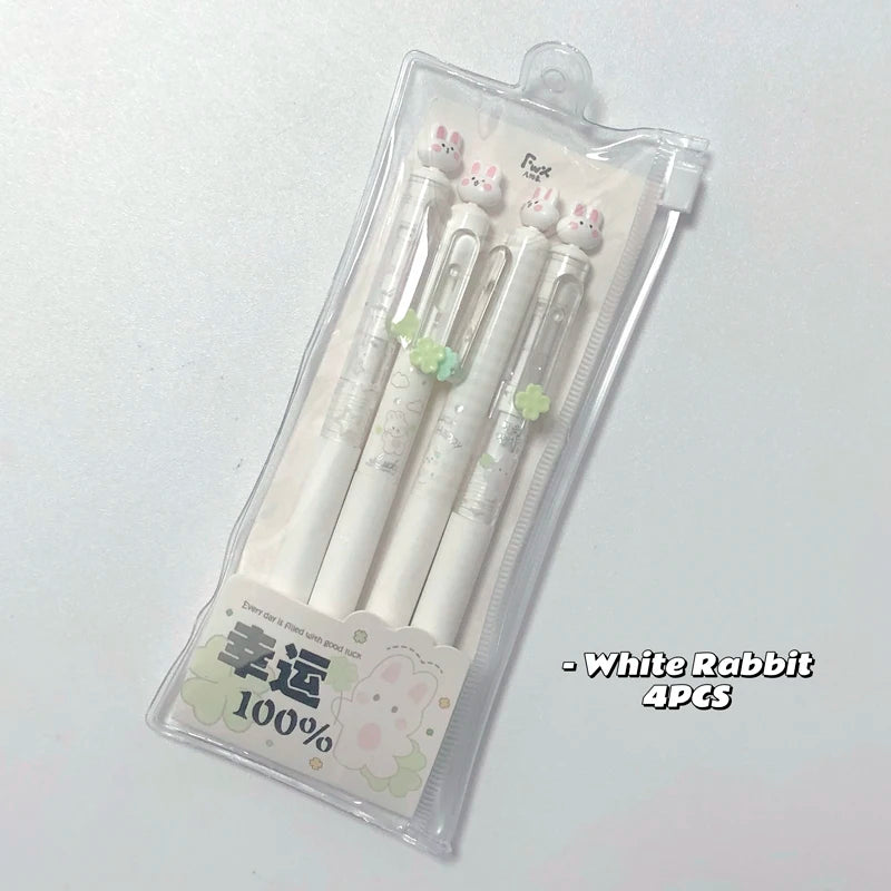 4-Piece Rabbit Gel Pen Set - 0.5mm Quick-Dry Black Ink Pens with Transparent Storage Bag for School and Office Supplies