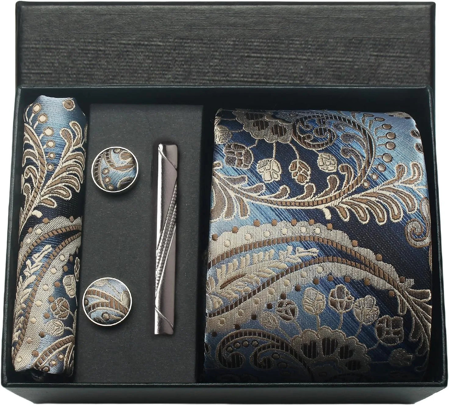 100% Silk Men’s Necktie Set with Paisley Floral Design, Business Tie with Pocket Square, Tie Clip & Cufflinks Gift Box Set for Men