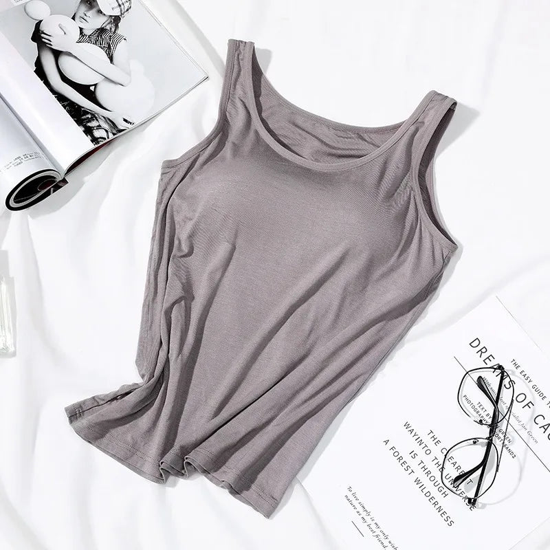 Women’s Built-In Bra Tank Top - Solid Color Padded Slim Fit Vest Shirt for Casual, Sexy & Everyday Wear