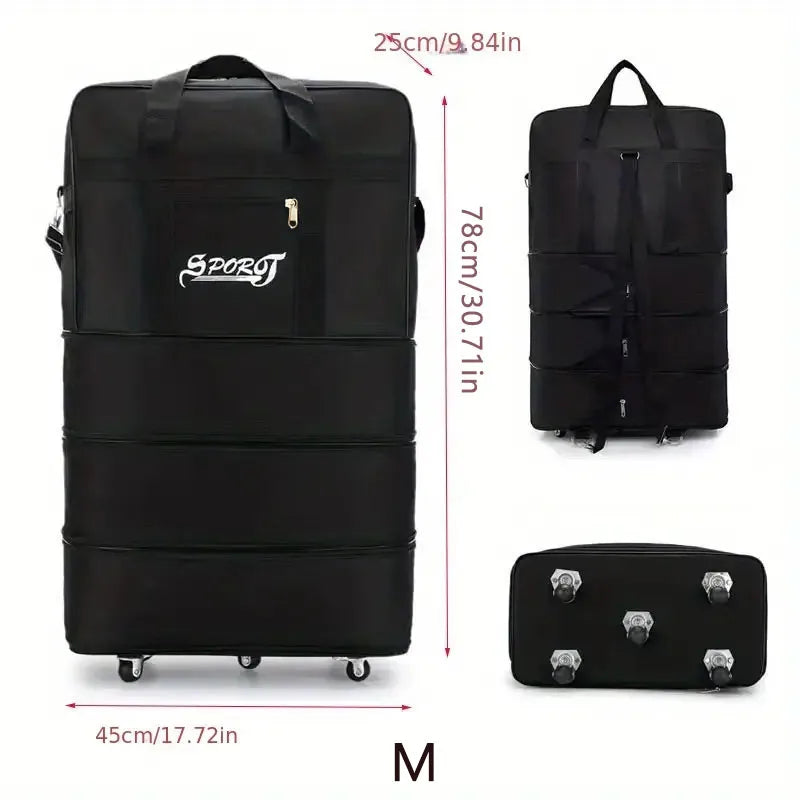 Foldable Trolley Travel Bag with Wheels – Expandable Black Luggage for Men & Women, Ideal for Weekend Trips & Overnight Travel