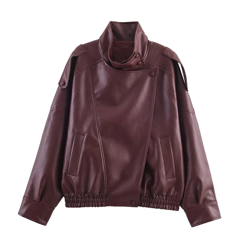 Women's Faux Leather Motorcycle Jacket - 2026 Autumn Black Long Sleeve Fashion Outerwear
