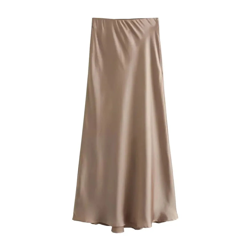 TRAF Women’s 2024 Satin Skirt — High Waist Black Midi Summer Skirt, Elegant Office Long Skirt for Women