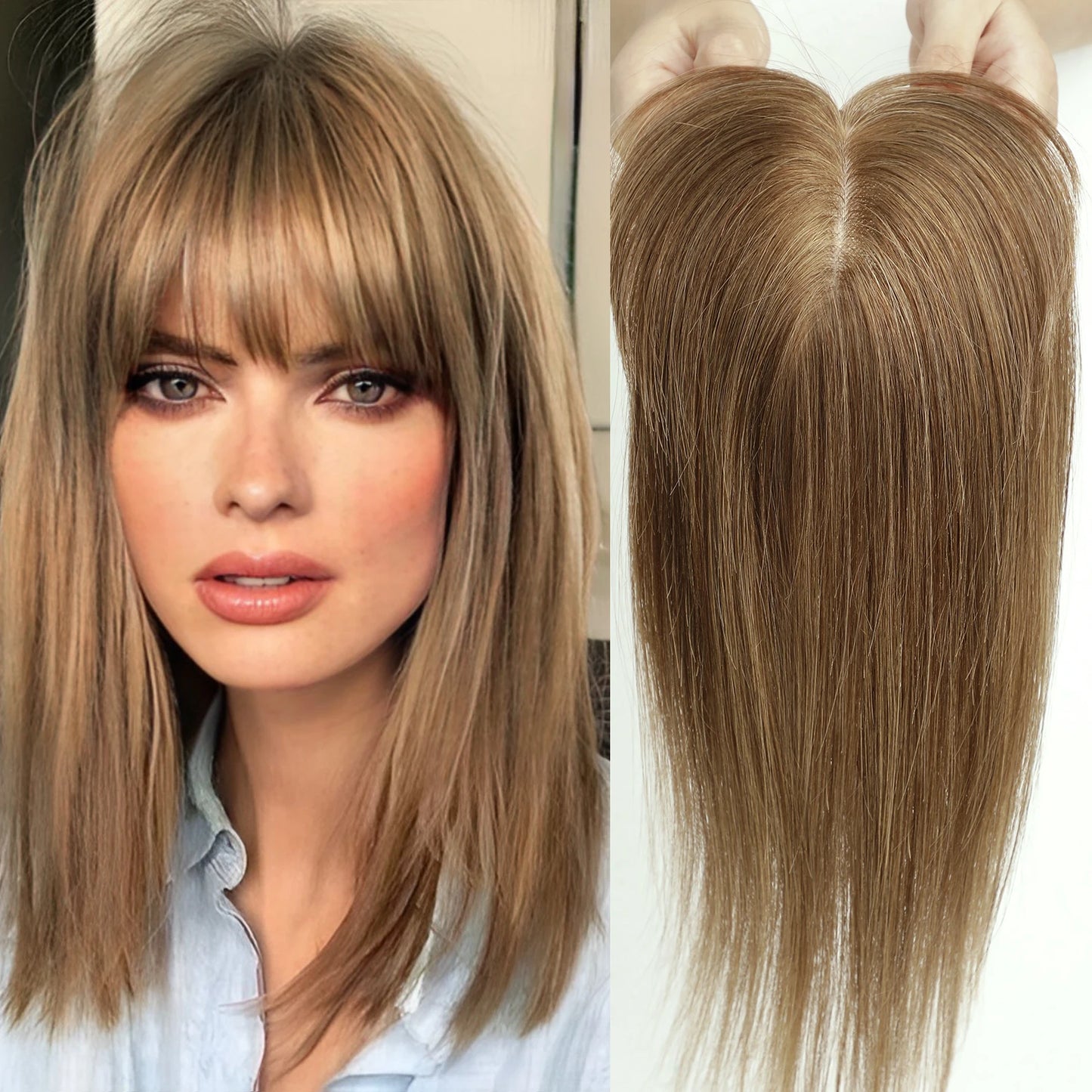 Ombre Brown Blonde Remy Human Hair Topper – 14 Inch Silk Base Clip-In Wig with Bangs for Women