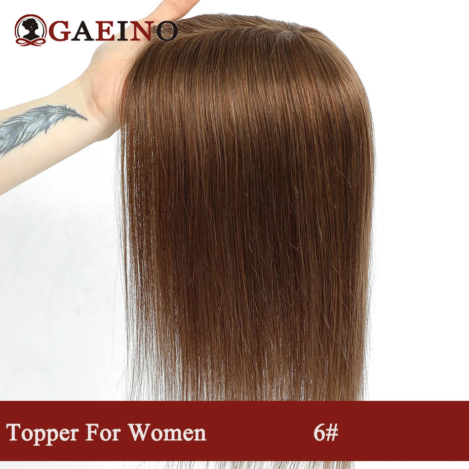 Straight Human Hair Topper With Bangs - Silk Base Clip In Real Hair Extension For Women Chocolate Brown Light Brown
