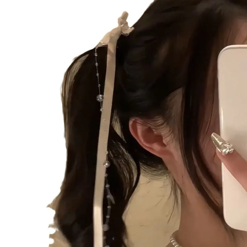 2PCS White Ribbon Bow Hair Clips – Long Tassel Bead Duckbill Clips for Women, 2024 New Model
