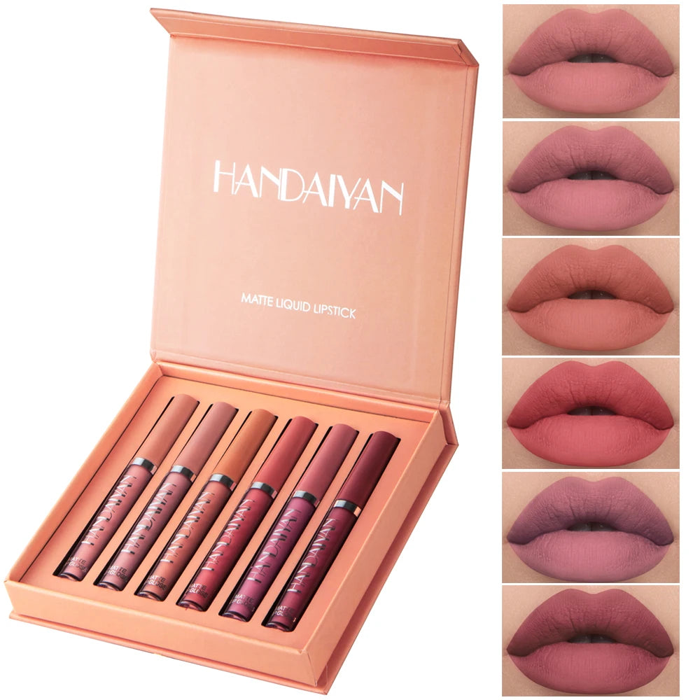 HANDAIYAN 6-Piece Matte Liquid Lipstick Set – Long-Lasting, Non-Stick Cup Lip Gloss Gift Box