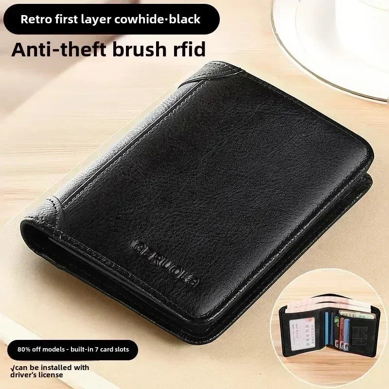 Genuine Leather Men’s Wallet – RFID Blocking Trifold, Vintage Thin ID & Credit Card Holder, Multi-Function Purse