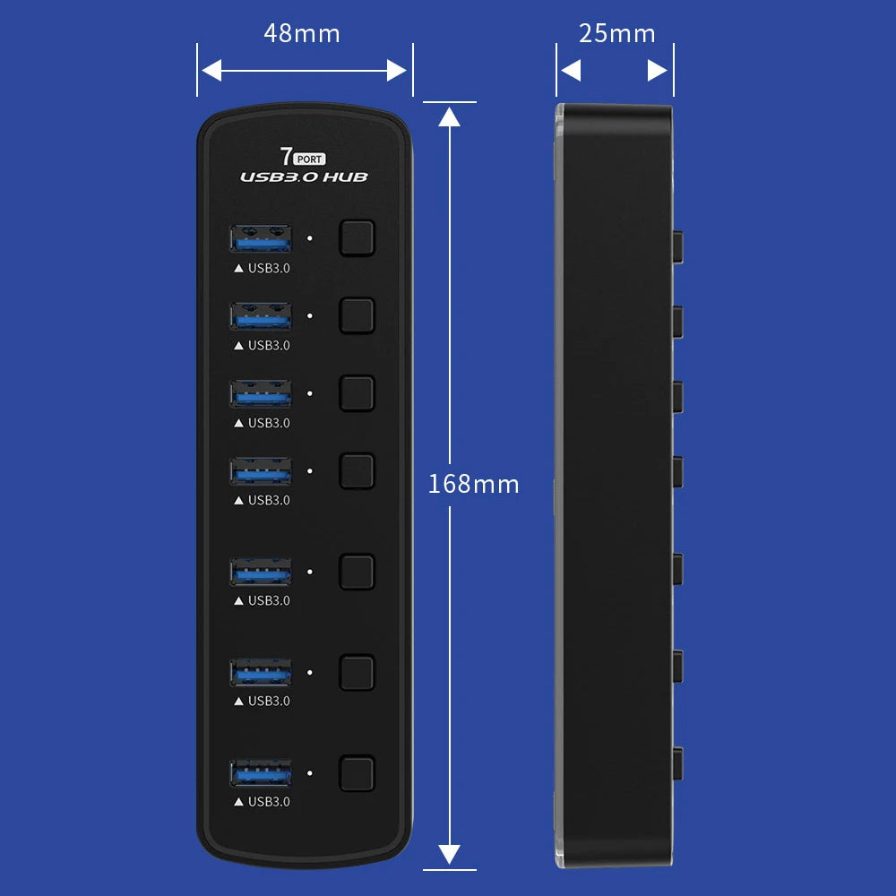 RGB 7-Port USB 3.0 Hub – 5Gbps Data Splitter with Individual On/Off Switch for Laptop & PC Gaming