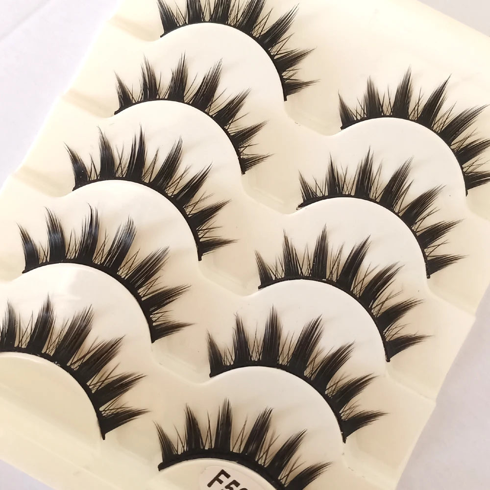 Natural Long False Eyelashes 5 Pairs - Cosplay Makeup Cross Strip Black Cat Eye Lashes for Dramatic Looks