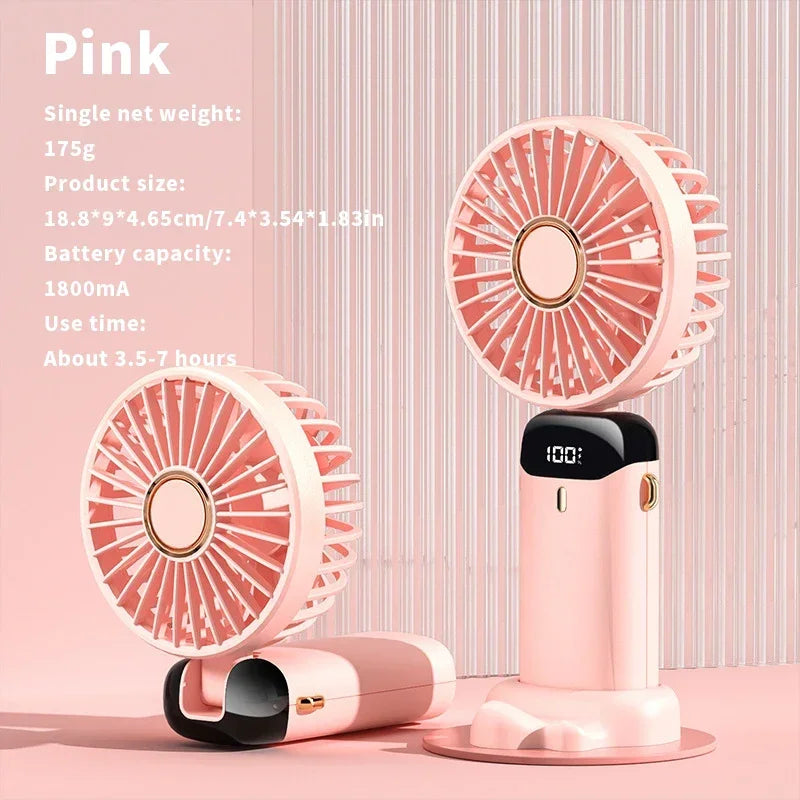 Handheld Mini Fan – 3000mAh Foldable Portable Desk & Neck Hanging Fan with 5 Speeds, USB Rechargeable & Phone Stand Display