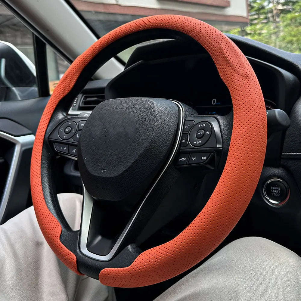 Universal Leather Steering Wheel Cover - Non-Slip Breathable Protector for 36-38cm Car Steering Wheels