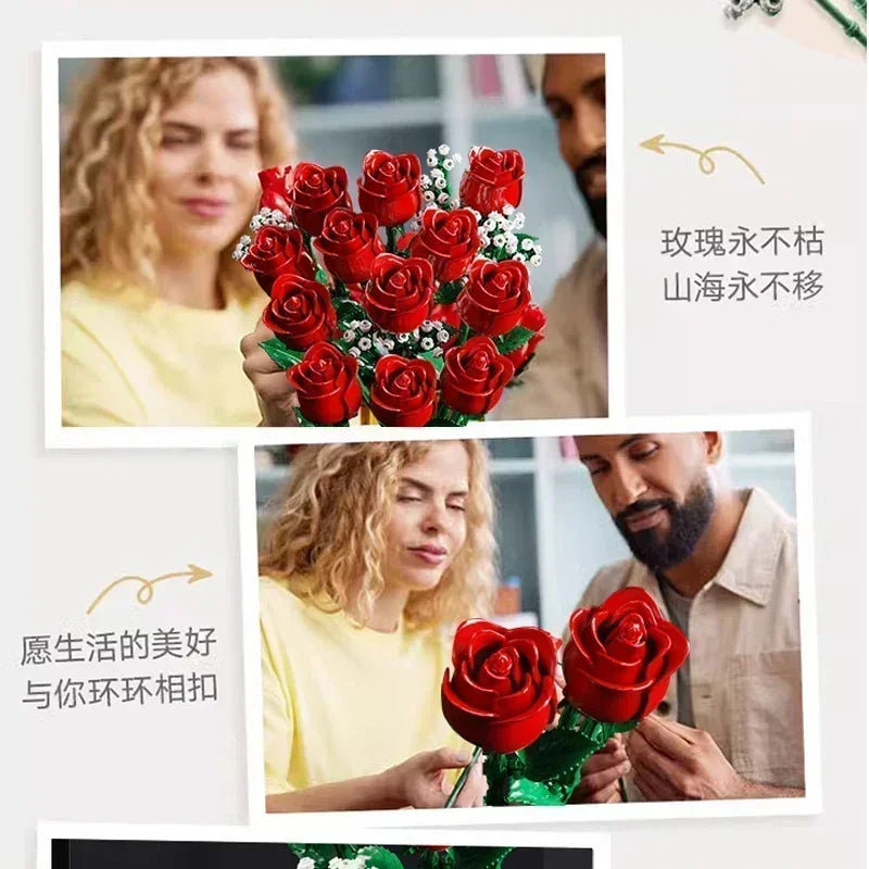 Romantic Rose Flower Bouquet Building Block Set – Creative Home Desk Plant Decoration, Assemble Bricks Toy Gift for Girls & Women