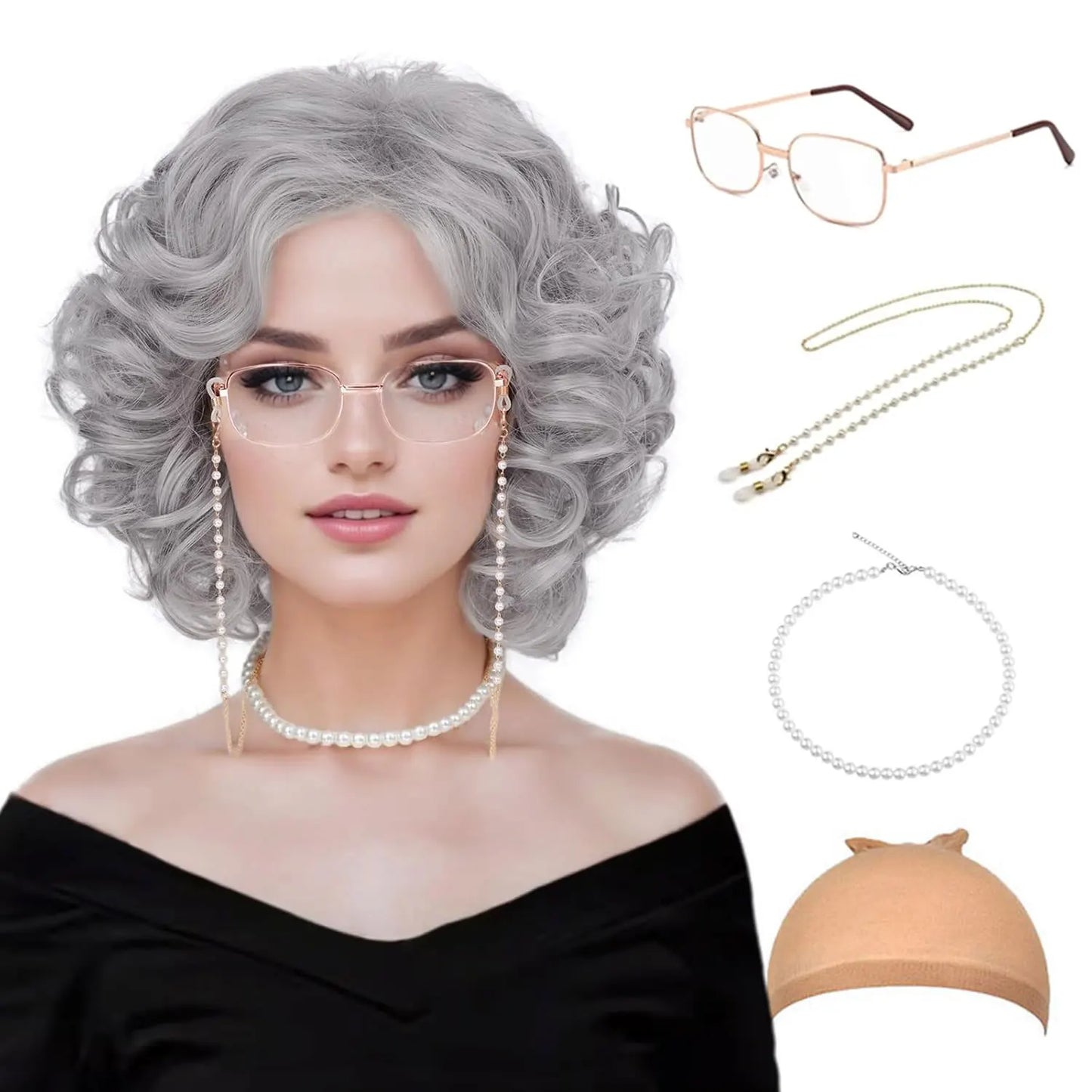 Synthetic Old Lady Wig Costume Set – Short Curly Silver White Grandma Wig & Glasses for Women, Granny Cosplay, Halloween Party