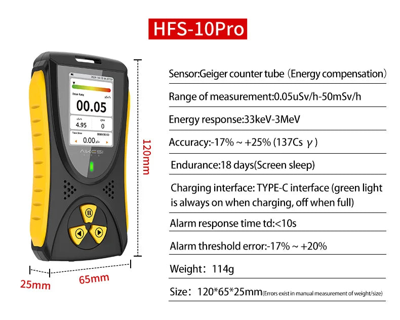 AIKESI HFS-10Pro Nuclear Radiation Detector - Geiger Counter for X, Beta & Gamma Rays with Energy Compensation