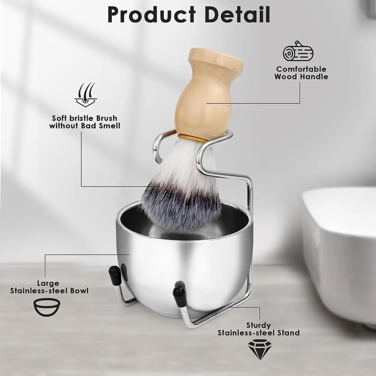 Men's Shaving Brush and Bowl Set - 3-in-1 Shaving Kit with Wood Handle Brush - Stainless Steel Shaving Bowl & Brush Stand
