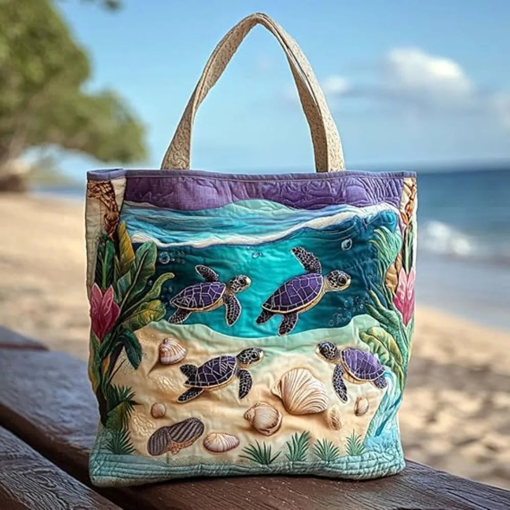 Turtle Print Quilted Tote Bag - Large Capacity Soft Canvas Shoulder Bag with 3D Ocean Turtle Design