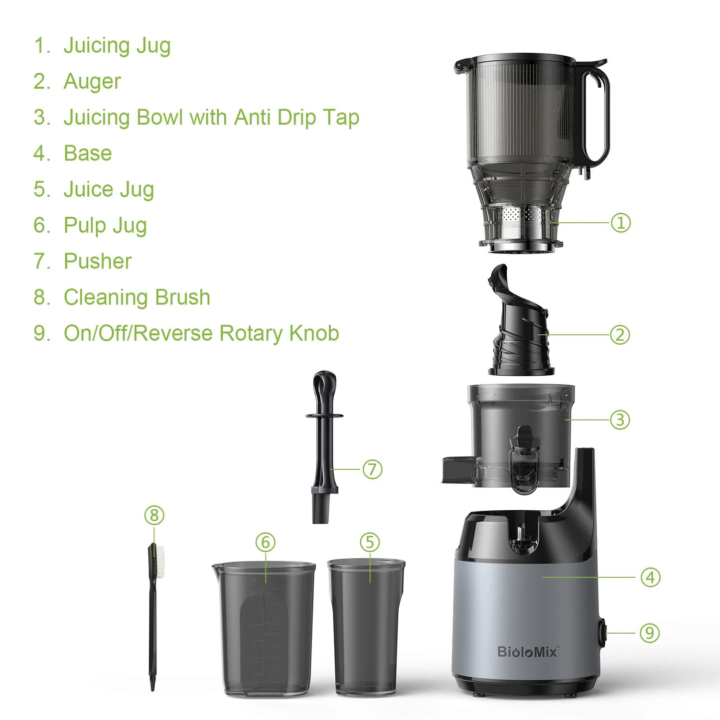 BioloMix Cold Press Juicer — 130mm Feed Chute, Whole Fruit & Vegetable Slow Masticating Juicer, High Yield BPA-Free