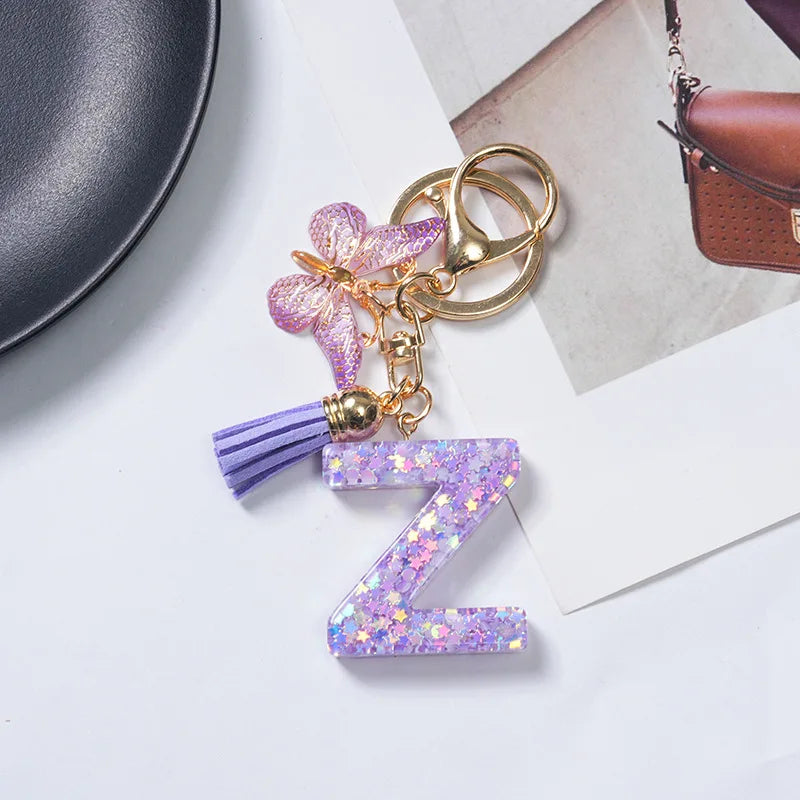 A-Z Initial Letter Sequin Keychain - Purple Butterfly Tassel Resin Keyring Backpack Charm Gift